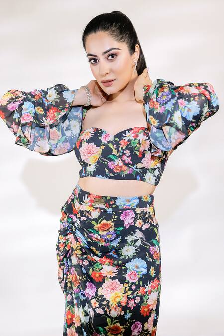 Jubinav Chadha_Black Georgette Sweetheart Neck Floral Print Puff Sleeve Top With Skirt _Online_at_Aza_Fashions
