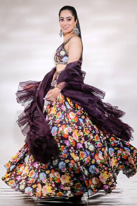Jubinav Chadha_Black Cotton Satin, Silk Organza, Floral Print Lehenga Set With Ruffle Dupatta _Online_at_Aza_Fashions