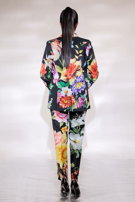 Shop Jubinav Chadha Black Crepe, Georgette Embroidery, Sequins Spring Floral Blazer Pant Set at Aza Fashions Shop_Jubinav Chadha_Black Crepe, Georgette Embroidery, Sequins Spring Floral Blazer Pant Set _at_Aza_Fashions