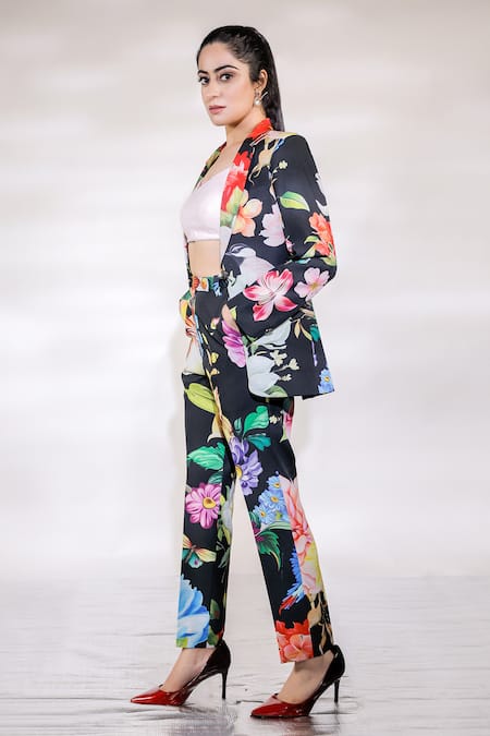 Shop Jubinav Chadha Black Crepe, Georgette Embroidery, Sequins Spring Floral Blazer Pant Set Online at Aza Fashions Shop_Jubinav Chadha_Black Crepe, Georgette Embroidery, Sequins Spring Floral Blazer Pant Set _Online_at_Aza_Fashions