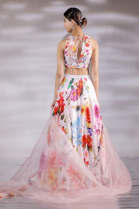 Shop_Jubinav Chadha_Pink Crepe, Silk Organza Tassels V-neck Floral Bloom Print Lehenga Set _at_Aza_Fashions