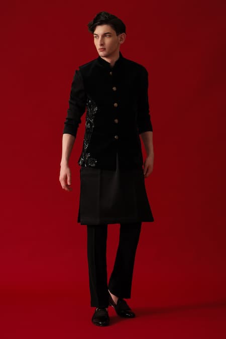Buy Amrit Dawani Black Velvet, Cotton, Polyester Metallic Thread Nalki Bundi Kurta Set Online at Aza Fashions Buy_Amrit Dawani_Black Velvet, Cotton, Polyester Metallic Thread Nalki Bundi Kurta Set _Online_at_Aza_Fashions