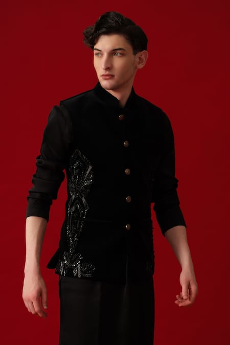 Shop_Amrit Dawani_Black Velvet, Cotton, Polyester Metallic Thread Nalki Bundi Kurta Set _Online_at_Aza_Fashions