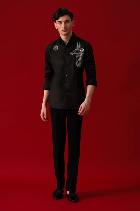 Amrit Dawani Black Cotton Hand Paint Wolf Moon Embellished Shirt 