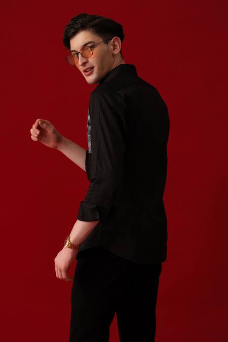 Shop_Amrit Dawani_Black Cotton Rhinestones, Embroidery Wolf Moon Hand Paint Embellished Shirt _at_Aza_Fashions