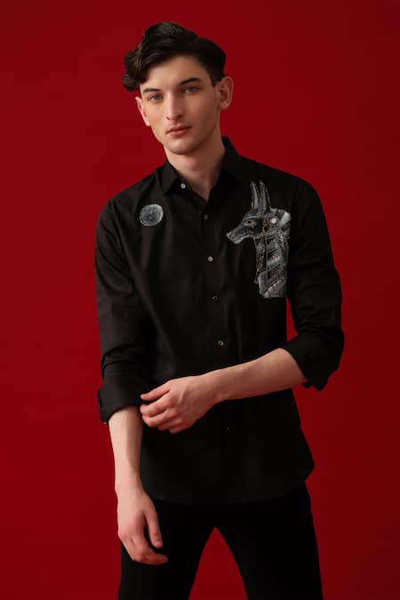 Amrit Dawani_Black Cotton Rhinestones, Embroidery Wolf Moon Hand Paint Embellished Shirt _Online_at_Aza_Fashions