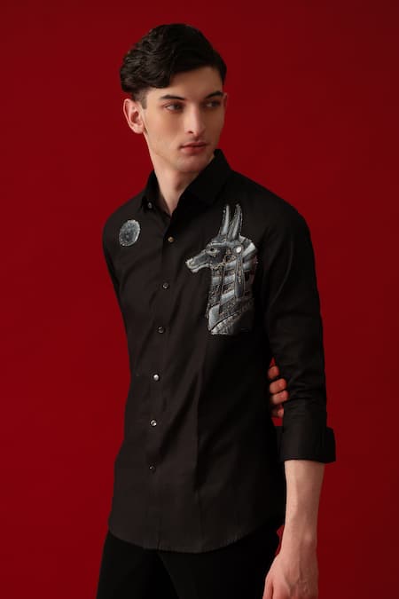 Buy_Amrit Dawani_Black Cotton Rhinestones, Embroidery Wolf Moon Hand Paint Embellished Shirt _Online_at_Aza_Fashions