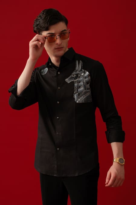Amrit Dawani_Black Cotton Rhinestones, Embroidery Wolf Moon Hand Paint Embellished Shirt _at_Aza_Fashions