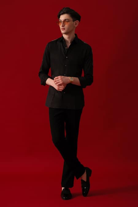 Amrit Dawani_Black Cotton Rhinestones Crescent Hand Paint Embellished Shirt _Online_at_Aza_Fashions