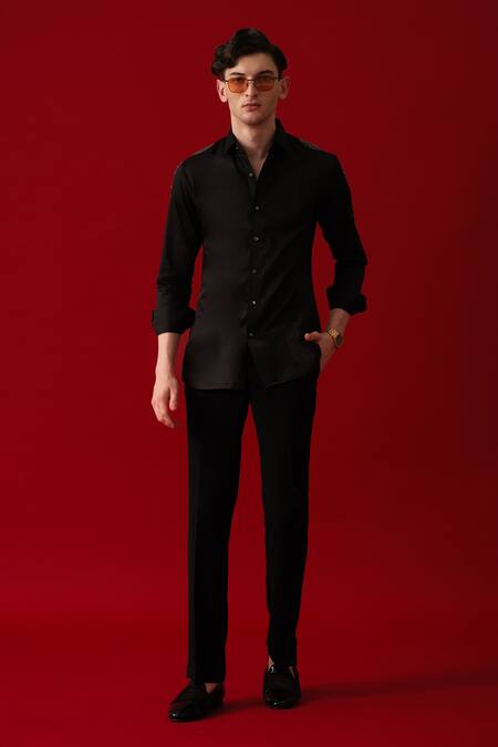 Buy_Amrit Dawani_Black Cotton Rhinestones Crescent Hand Paint Embellished Shirt _Online_at_Aza_Fashions