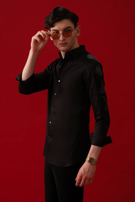 Shop_Amrit Dawani_Black Cotton Rhinestones Crescent Hand Paint Embellished Shirt _Online_at_Aza_Fashions