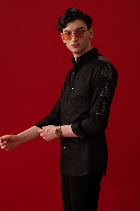 Amrit Dawani_Black Cotton Rhinestones Crescent Hand Paint Embellished Shirt _at_Aza_Fashions