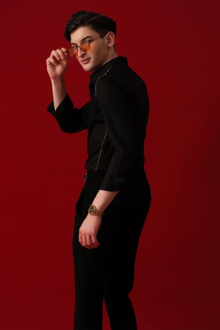 Shop_Amrit Dawani_Black Cotton Embroidery Embellished Shirt _at_Aza_Fashions