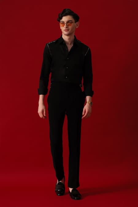 Amrit Dawani_Black Cotton Embroidery Embellished Shirt _Online_at_Aza_Fashions