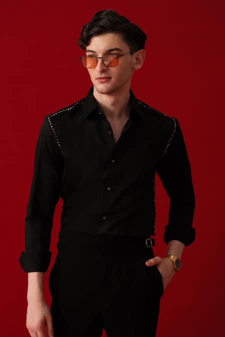 Shop_Amrit Dawani_Black Cotton Embroidery Embellished Shirt _Online_at_Aza_Fashions