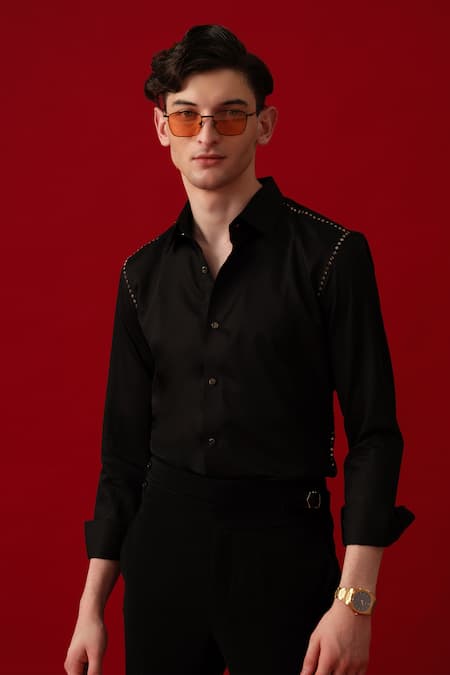 Amrit Dawani_Black Cotton Embroidery Embellished Shirt _at_Aza_Fashions