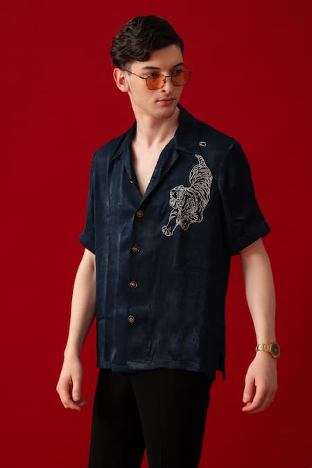 Amrit Dawani_Green Velvet, Satin Embroidery Tiger Motif Boxy Shirt _Online_at_Aza_Fashions