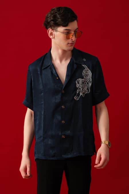 Buy_Amrit Dawani_Green Velvet, Satin Embroidery Tiger Motif Boxy Shirt _Online_at_Aza_Fashions