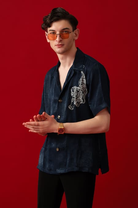 Shop_Amrit Dawani_Green Velvet, Satin Embroidery Tiger Motif Boxy Shirt _Online_at_Aza_Fashions