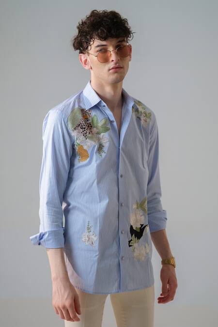 Buy_Amrit Dawani_Blue Cotton Embroidery Magpie Shirt_Online_at_Aza_Fashions