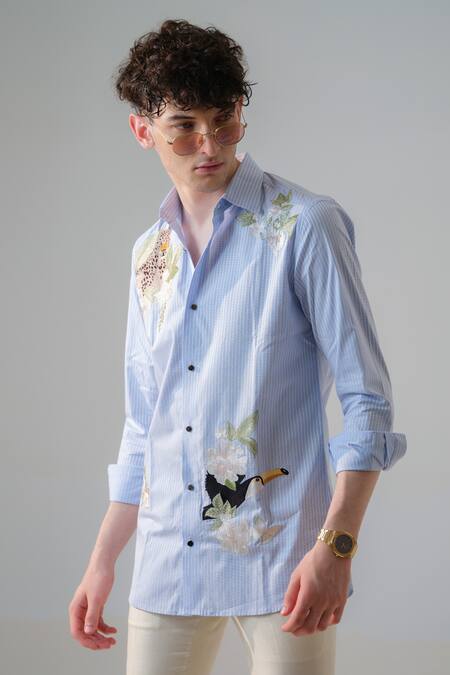 Shop_Amrit Dawani_Blue Cotton Embroidery Magpie Shirt_Online_at_Aza_Fashions