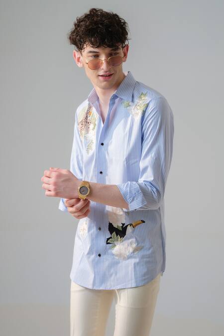 Amrit Dawani_Blue Cotton Embroidery Magpie Shirt_at_Aza_Fashions