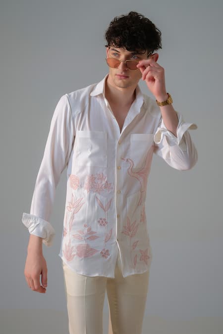 Buy_Amrit Dawani_White Cotton Embroidery Birdie Shirt _Online_at_Aza_Fashions
