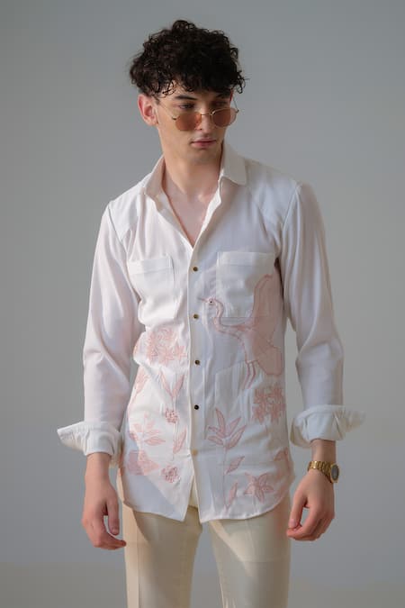 Shop_Amrit Dawani_White Cotton Embroidery Birdie Shirt _Online_at_Aza_Fashions