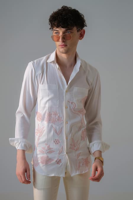 Amrit Dawani_White Cotton Embroidery Birdie Shirt _at_Aza_Fashions