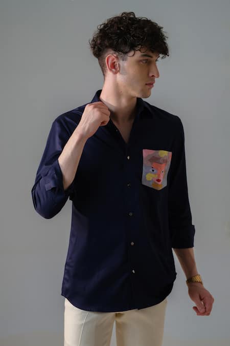 Buy_Amrit Dawani_Blue Cotton Embroidery Angel Girl Pocket Shirt _Online_at_Aza_Fashions