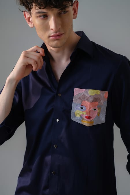 Shop_Amrit Dawani_Blue Cotton Embroidery Angel Girl Pocket Shirt _Online_at_Aza_Fashions