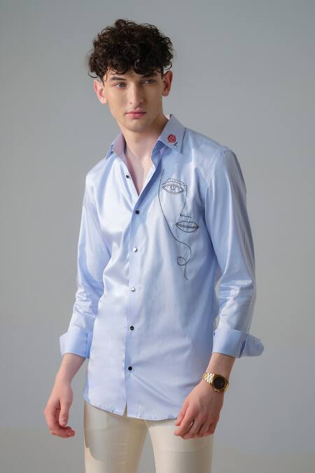 Amrit Dawani_Blue Cotton Embroidery Doodle Girl Shirt _Online_at_Aza_Fashions
