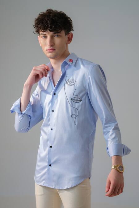 Shop_Amrit Dawani_Blue Cotton Embroidery Doodle Girl Shirt _Online_at_Aza_Fashions