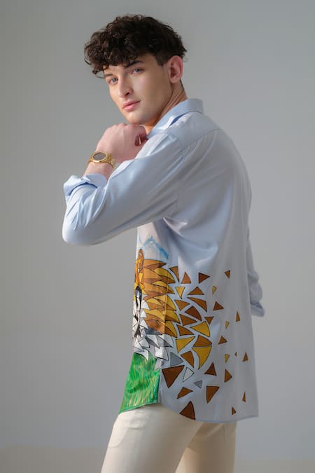 Shop_Amrit Dawani_Blue Cotton Embroidery Roaring Lion Hand Paint Shirt _at_Aza_Fashions