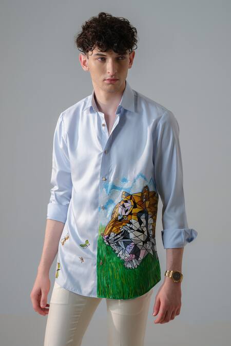 Amrit Dawani_Blue Cotton Embroidery Roaring Lion Hand Paint Shirt _Online_at_Aza_Fashions