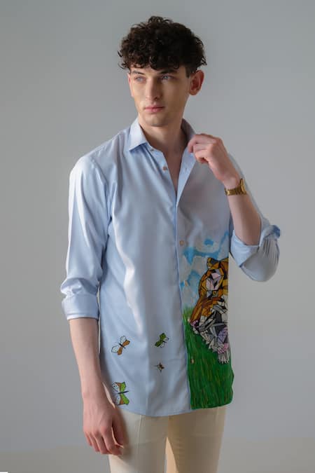 Buy_Amrit Dawani_Blue Cotton Embroidery Roaring Lion Hand Paint Shirt _Online_at_Aza_Fashions