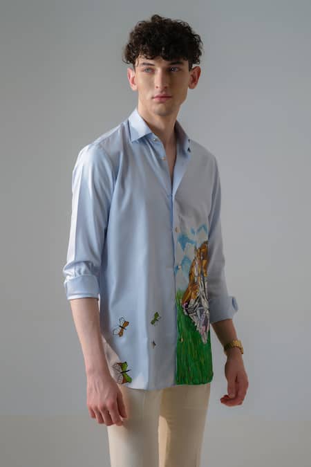 Shop_Amrit Dawani_Blue Cotton Embroidery Roaring Lion Hand Paint Shirt _Online_at_Aza_Fashions