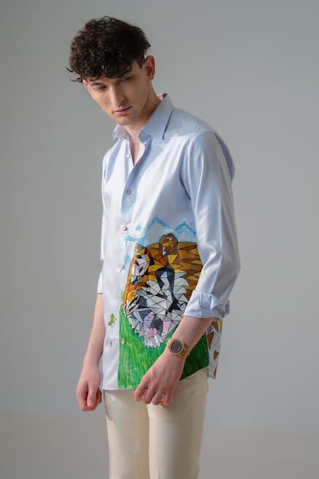 Amrit Dawani_Blue Cotton Embroidery Roaring Lion Hand Paint Shirt _at_Aza_Fashions