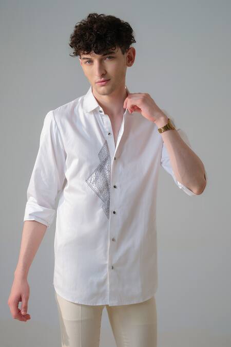 Amrit Dawani_White Cotton Embroidery Geometric Pattern Embellished Shirt _Online_at_Aza_Fashions