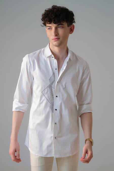 Buy_Amrit Dawani_White Cotton Embroidery Geometric Pattern Embellished Shirt _Online_at_Aza_Fashions