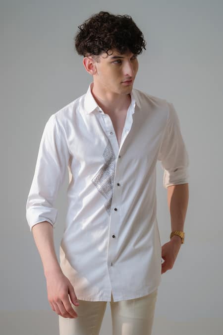 Shop_Amrit Dawani_White Cotton Embroidery Geometric Pattern Embellished Shirt _Online_at_Aza_Fashions