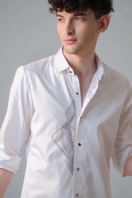Amrit Dawani_White Cotton Embroidery Geometric Pattern Embellished Shirt _at_Aza_Fashions