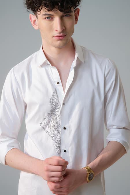 Buy_Amrit Dawani_White Cotton Embroidery Geometric Pattern Embellished Shirt 