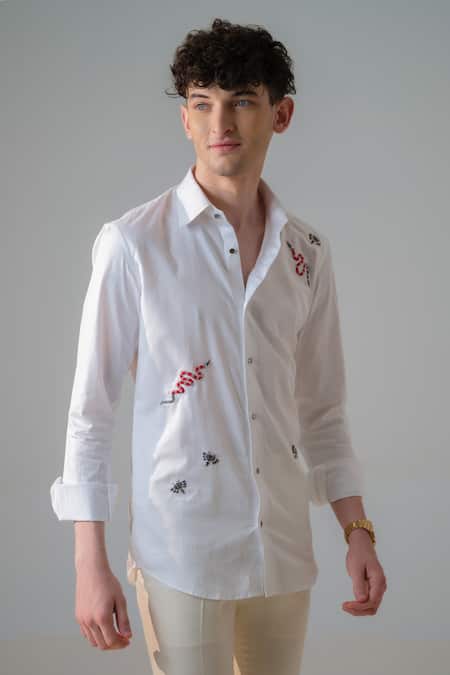 Amrit Dawani_White Cotton Embroidery Creature Shirt _Online_at_Aza_Fashions