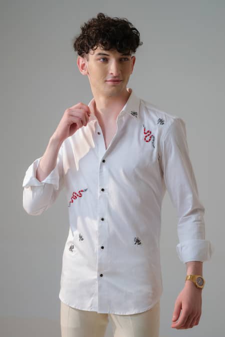 Buy_Amrit Dawani_White Cotton Embroidery Creature Shirt _Online_at_Aza_Fashions