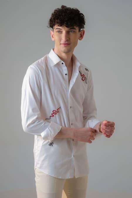 Shop_Amrit Dawani_White Cotton Embroidery Creature Shirt _Online_at_Aza_Fashions
