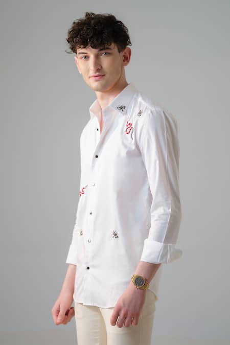 Amrit Dawani_White Cotton Embroidery Creature Shirt _at_Aza_Fashions