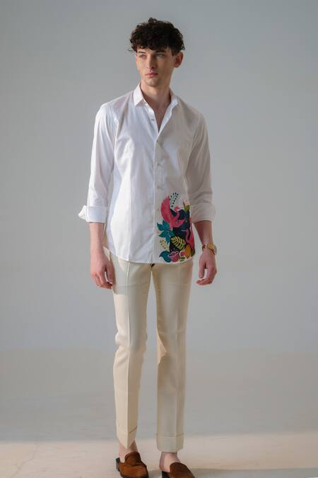 Amrit Dawani_White Cotton Flamingo Wonderland Hand Paint Shirt _Online_at_Aza_Fashions