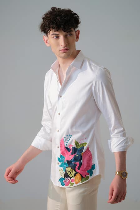 Shop_Amrit Dawani_White Cotton Flamingo Wonderland Hand Paint Shirt _Online_at_Aza_Fashions