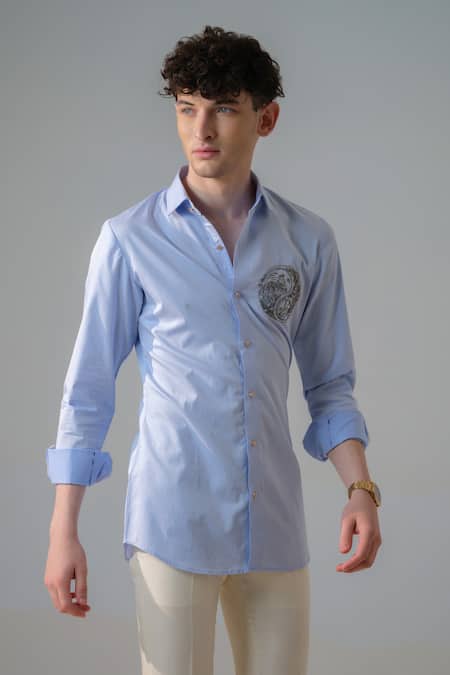 Shop_Amrit Dawani_Blue Cotton Embroidery Lone Wolf Shirt _at_Aza_Fashions